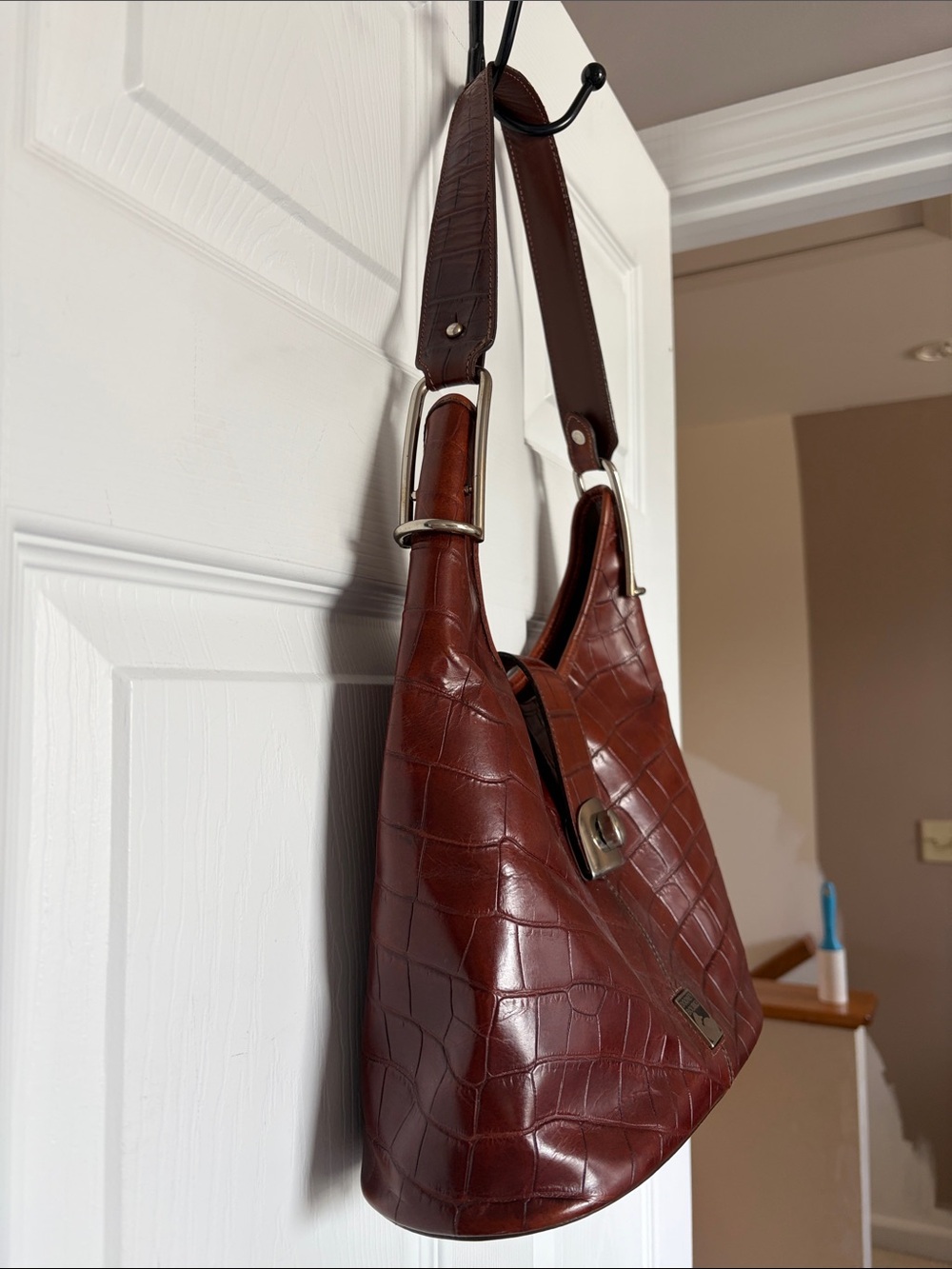 Dooney & Bourke Dark Brown Croc-Embossed Leather Shoulder Bag - Picture 3 of 14